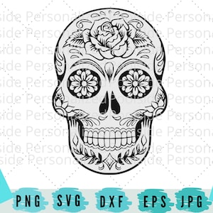Schädel Zucker Schädel Tag der Toten Dia de Los Muertos schwarz und weiß einfache SVG PNG Dxf Eps Jpg geschnitten Dateien Instant Download Cricut