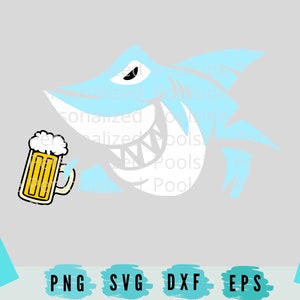 May include: A white cartoon shark with a blue fin holding a glass of beer. The shark has a toothy grin and a mischievous expression.