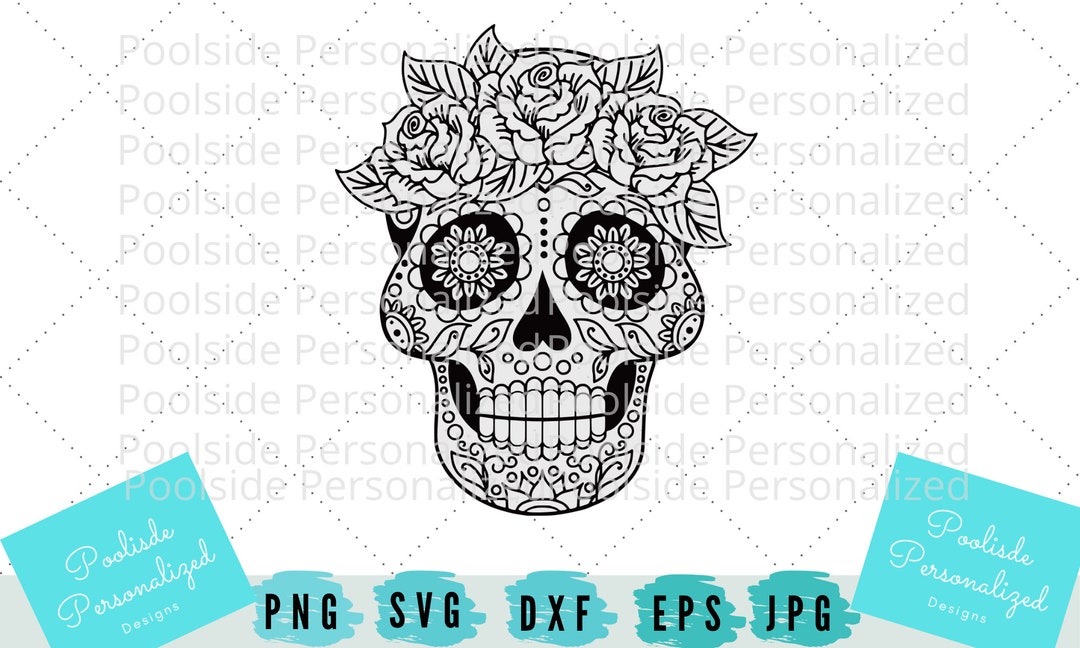 Female Skull Sugar Skull Day of the Dead Dia De Los Muertos Black and ...