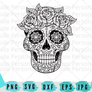 女性の頭蓋骨 シュガースカル 死者の日 ディア・デ・ロス・ムエルトス 白黒ゼンタングル SVG PNG Dxf Eps Jpg カットファイル 即時ダウンロード Cricut