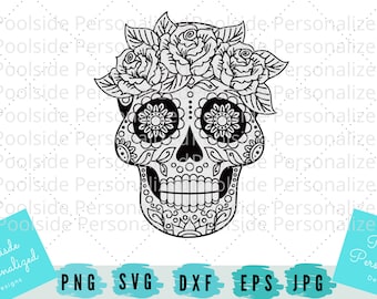 Weibliche Schädel Zucker Schädel Tag der Toten Dia de Los Muertos schwarz und weiß Zentangle SVG PNG Dxf Eps Jpg geschnitten Dateien Instant Download Cricut