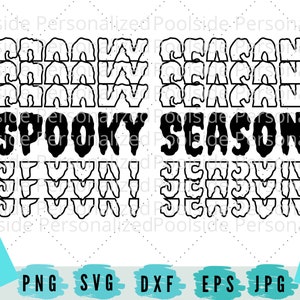 May include: Black and white graphic design featuring the text "Spooky Season" in a bold, jagged font. The text is surrounded by repeating patterns of "Spooky" and "Season" in a smaller, more stylized font.