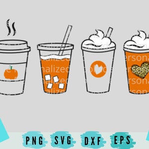 May include: Four stylized coffee cups with various designs. One has a pumpkin, another has ice cubes, a third has a heart, and the last has a leopard print heart. The cups are in shades of orange and white.