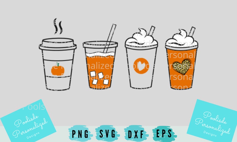 May include: Four stylized coffee cups with various designs. One has a pumpkin, another has ice cubes, a third has a heart, and the last has a leopard print heart. The cups are in shades of orange and white.