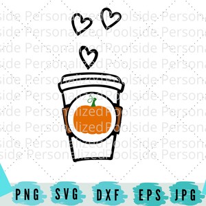 May include: A black and white line drawing of a coffee cup with a pumpkin graphic and three hearts above it. The cup has a brown sleeve. The image includes the text "Poolside Personalized Designs" and file type icons.