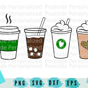 Könnte beinhalten: Strichzeichnung von vier Kaffeetassen. Die erste Tasse hat Dampf, der aufsteigt, und ein grünes Band. Die zweite Tasse hat Eiswürfel und einen Strohhalm. Die dritte Tasse hat Schlagsahne und ein grünes Herzlogo. Die vierte Tasse hat Schlagsahne und ein Leopardenherz.