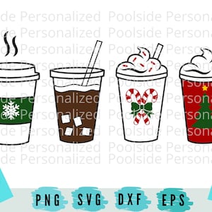 May include: Four different Christmas-themed coffee cup designs. The cups are black and white outlines with red and green accents. The designs include a snowflake, ice cubes, candy canes, and a Christmas tree.