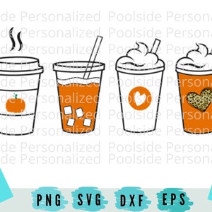 May include: A digital illustration featuring four coffee cups with various designs. One cup has a pumpkin, another has ice cubes, and two have whipped cream. The cups are in shades of orange and white, with black outlines.
