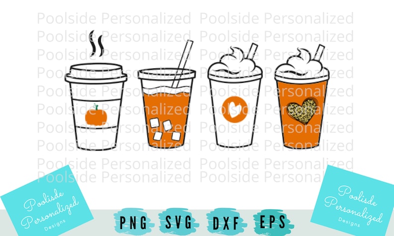 May include: A digital illustration featuring four coffee cups with various designs. One cup has a pumpkin, another has ice cubes, and two have whipped cream. The cups are in shades of orange and white, with black outlines.