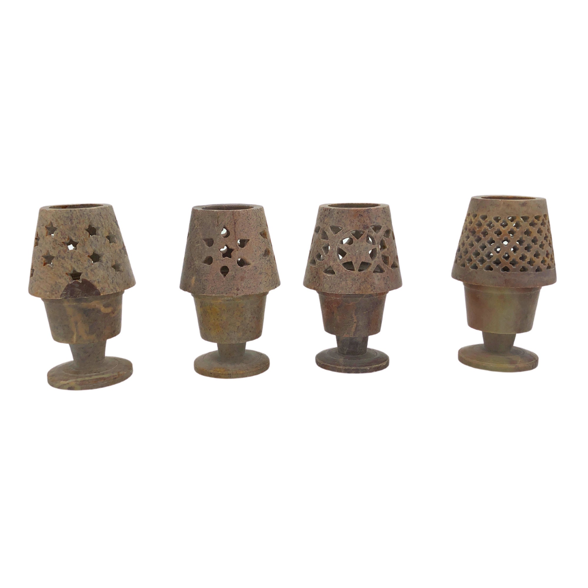 Details about   Set of 4 Hand Carved Solid Soapstone Candle Lamp With Shade Various Designs 