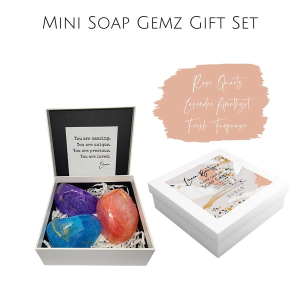 3 x 25g Handmade Mini Soap Gemz Gift Set•Vanilla Opal, Peony Carnelian, Lily Larimar•Rose Quartz, Lavender Amethyst, Fresh Turquoise