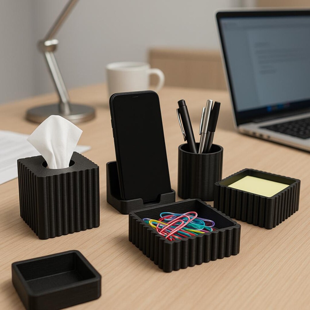 Black Ribbed Office Set – Modern 3D Printed Desk Accessories - Etsy