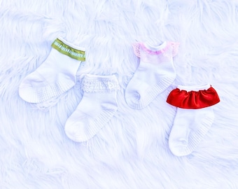 Ruffled Ribbon Socks, Girl Christening Ankle Socks in WHITE, Newborn TuTu Sock, Kid Ruffle Baptism Socks, Ruffled Anklets for Baby & Toddler