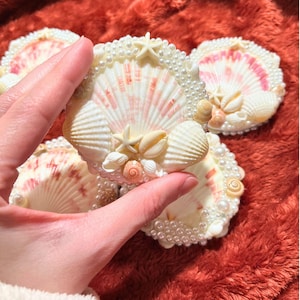 May include: A collection of seashell decorations. Each shell is white with pink accents, adorned with small seashells, starfish, and faux pearls. The shells are arranged on a red, textured surface.