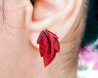 Handmade Wood Stud Leaf Earrings