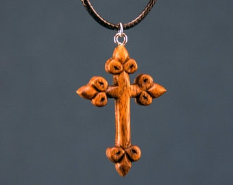 Hand Carved Walnut Wood Cross Necklace