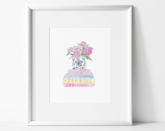 Peony book stack | bouquet in vase | pink peonies | watercolor | Print | illustration | home decor