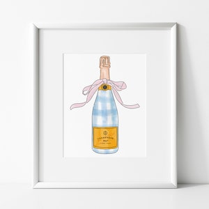 Painted Champagne | Blue Gingham  | Veuve |  Party | digital print |  funky wall art | Bar Cart