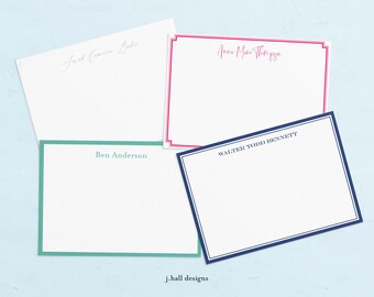 May include: Four blank stationery cards with different colored borders and personalized names. The names are "Jared Graham Bell", "Anna Marie Thompson", "Ben Anderson", and "Walter Todd Bennett".
