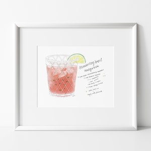 Strawberry | Basil | Margarita | Bar Cart Art | Watercolor | Cocktail | Recipe | digital print |  funky wall art