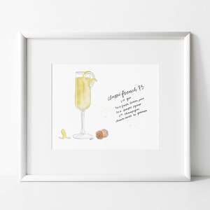 French 75 | Bar Cart Art | Watercolor | Cocktail | Recipe | digital print |  funky wall art