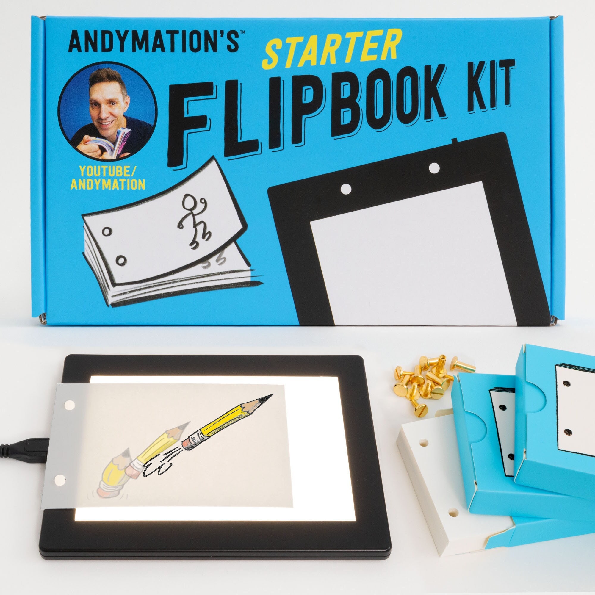 Official Andymation's Flipbook Starter Kit for Kids & Adults with LED Light Pad for Drawing & Tracing Animation Premium Pre-Drilled Flip Book Paper