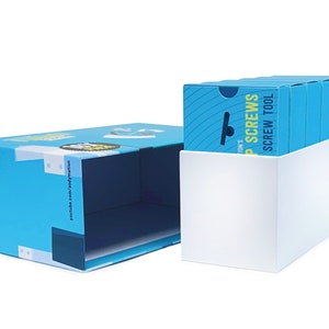 Pode incluir: Um conjunto de seis caixas azuis com texto amarelo que diz "Tom's Tap Screws Screw Tool" e uma imagem amarela de um parafuso. As caixas est&atilde;o em uma caixa branca.