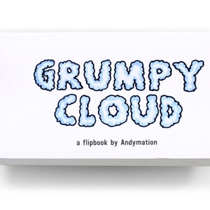 Może przedstawiać: Biały flipbook z napisem "GRUMPY CLOUD" w niebieskich literach w kształcie chmur. Poniżej tytułu znajduje się tekst "a flipbook by Andymation". Flipbook jest prostokątny i ma cień.