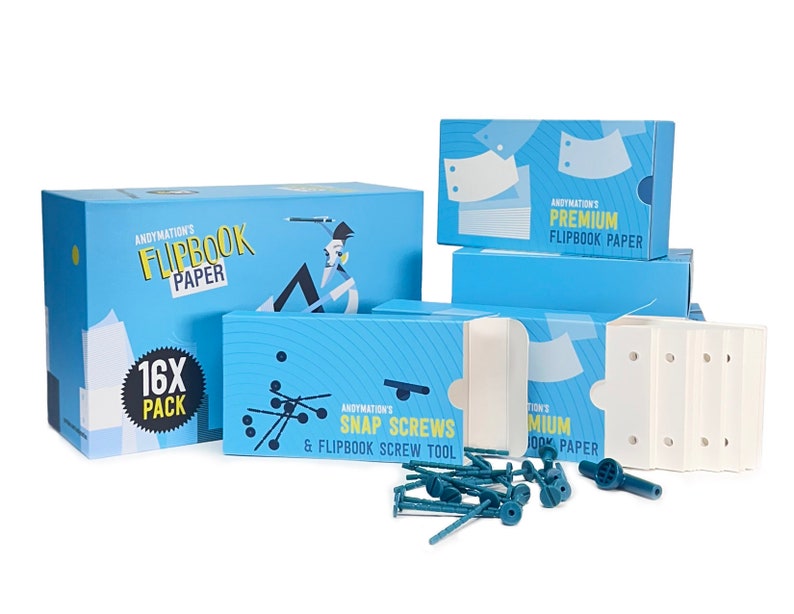 Pode incluir: Um pacote de 16 folhas de papel para flipbook azul e branco com uma ilustra&ccedil;&atilde;o de desenho animado de uma pessoa desenhando na caixa. A caixa tamb&eacute;m inclui um pacote de parafusos de press&atilde;o e uma ferramenta de parafuso. Os parafusos de press&atilde;o s&atilde;o azul turquesa e brancos.