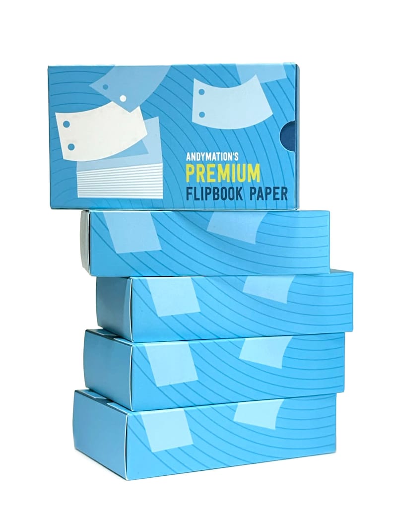 Pode incluir: Uma pilha de cinco caixas azuis com padr&otilde;es brancos e azuis. A caixa superior tem o texto "Andymotion's Premium Flipbook Paper" impresso nela.