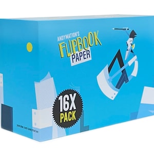 Pode incluir: Uma caixa azul com o texto "Andymotion's Flipbook Paper 16X Pack" e uma ilustra&ccedil;&atilde;o de desenho animado de uma pessoa desenhando em um flipbook. A caixa est&aacute; em um fundo branco.