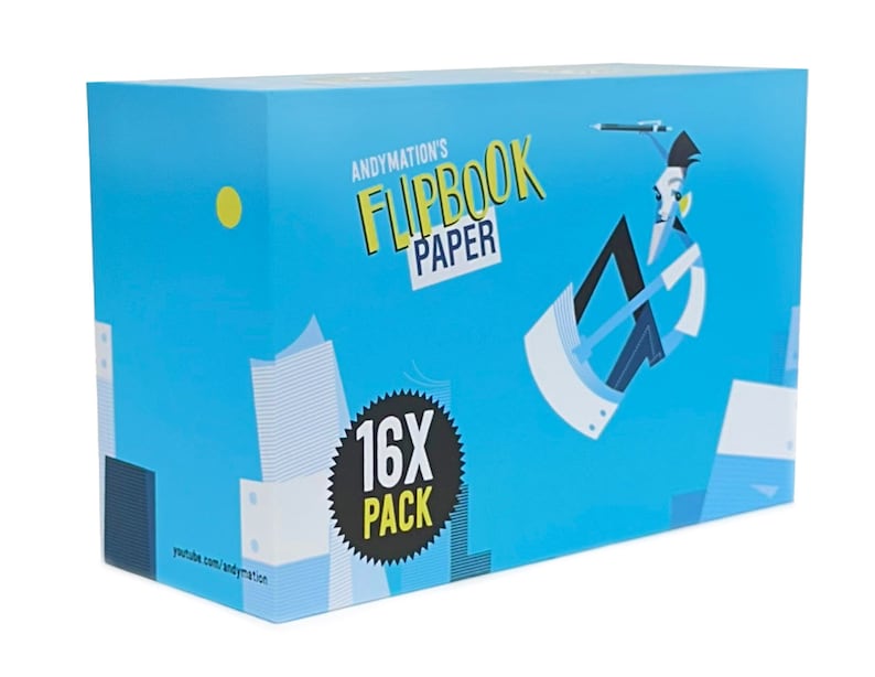 Pode incluir: Uma caixa azul com o texto "Andymotion's Flipbook Paper 16X Pack" e uma ilustra&ccedil;&atilde;o de desenho animado de uma pessoa desenhando em um flipbook. A caixa est&aacute; em um fundo branco.