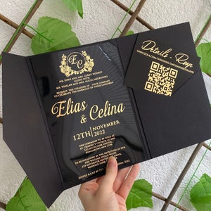 Convites de casamento de bolso, convites de acrílico, acrílico preto, convites de acrílico, convites dourados, lacre de cera dourado,