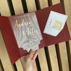 Faire-part de mariage, Faire-parts en acrylique, Faire-parts en acrylique transparent, Enveloppe de poche, Faire-parts en plexiglas, Dossier-enveloppe, Feuille dorée