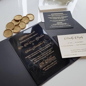 Black Acrylic Wedding Invitation: Clear Pocket, Foil Details
