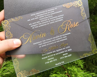 Clear Acrylic Wedding Invitations with Gold Print & Wax Seal