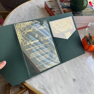 Faire-part de mariage, Faire-part en acrylique, Faire-part en acrylique transparent, Enveloppe de poche, Faire-part en plexiglas, Shower nuptiale, Impression de feuille d'or