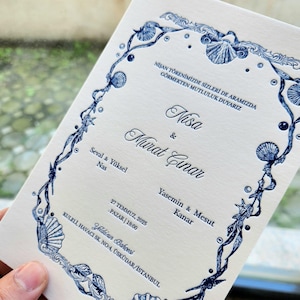 Luxus-Marine-Hochzeitskarte im Letterpress-Design – dickes Baumwollpapier – weißes Wachssiegel – personalisierbar 14 x 20 cm elegant