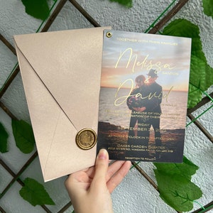 Faire-parts en acrylique, Carte de mariage, Suite d'invitations de mariage en vélin, Ensemble de faire-part photo doré personnalisé, Faire-parts en acrylique avec photo, Transparent