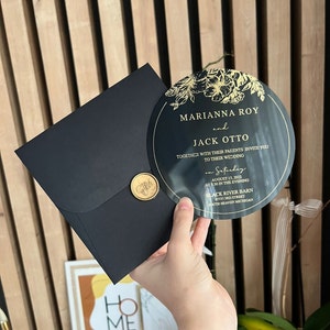 Carton d'invitation rond, faire-parts en acrylique noir, faire-part de mariage en acrylique transparent, lot de faire-parts, faire-part de mariage,