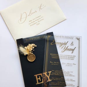 Faire-part de mariage, Faire-part en acrylique, Faire-part en acrylique transparent, Enveloppe de poche, Faire-part en plexiglas, Shower nuptiale, Impression de feuille d'or
