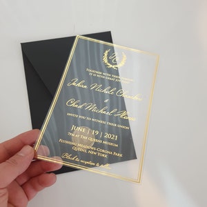 Faire-part de mariage, faire-part de mariage en acrylique transparent, faire-part en acrylique, impression feuille d'or, faire-part de mariage en acrylique, jeu complet d'invitations