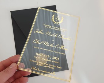 Invitación de boda de acrílico transparente: Impresión en lámina dorada, juego completo