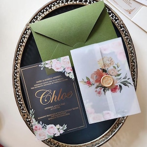 Invitaciones florales, invitaciones de boda de acrílico, invitación de quinceañera, invitación de acrílico esmerilado, invitaciones de acrílico transparente, tarjeta de boda