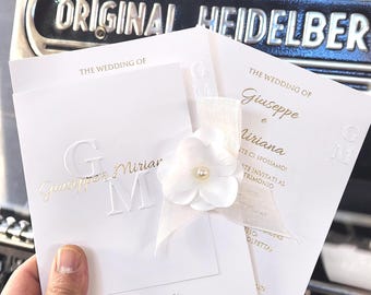 Luxury Minimal Wedding Invitation, Embossed Monogram, Gold Foil Personalized Invite