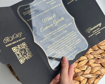 Acrylic Wedding Invitation, Clear Plexiglass with Gold Foil