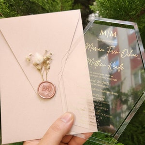 Invitaciones de boda, invitaciones acrílicas, invitaciones de boda elegantes, invitaciones de boda, despedida de soltera, sobre marfil con impresión dorada