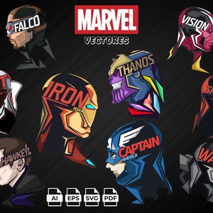 Puede incluir: Una colección de ilustraciones de personajes de superhéroes de Marvel en formato vectorial. Los personajes incluyen Iron Man, Capitán América, Spider-Man, Ant-Man, Thanos, Vision, War Machine, Hawkeye y Falcon. Las ilustraciones están en un estilo gráfico audaz con colores brillantes y líneas nítidas. El texto "MARVEL VECTORES" se muestra en la parte superior de la imagen.