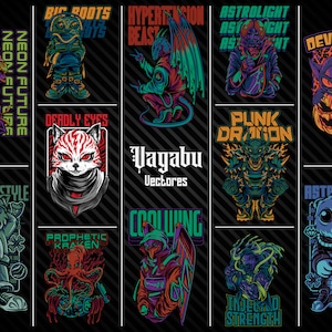 Puede incluir: Una colección de 12 diseños gráficos coloridos con varios personajes y criaturas. Los diseños incluyen un dragón, un kraken, un gato, un demonio y más. Los diseños están todos en un estilo de dibujos animados y presentan colores brillantes y líneas audaces.