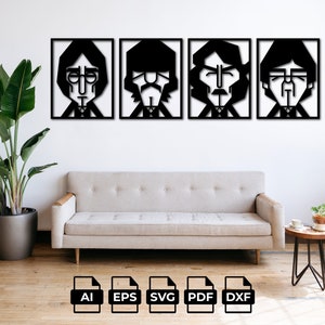 May include: Five black and white silhouette portraits of musicians in square frames. The portraits are arranged in a row on a white wall. The portraits are of John Lennon, Paul McCartney, George Harrison, Ringo Starr, and Stuart Sutcliffe. The portraits are in a living room setting with a couch, a side table, and a potted plant.